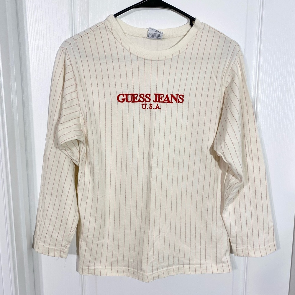90s Guess Jeans Red Pinstripe Long Sleeve Tee USA MADE Vintage Boy’s Large